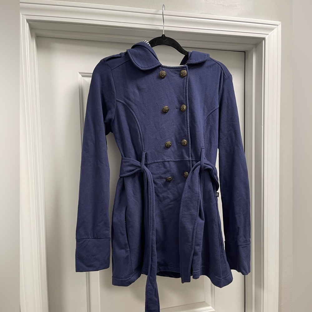 Navy belted jacket with hood size large